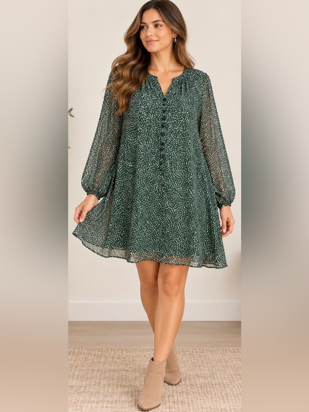 Joie XL Green Printed Chiffon Dress Long Sleeve Button Front Flowy Mini Dress